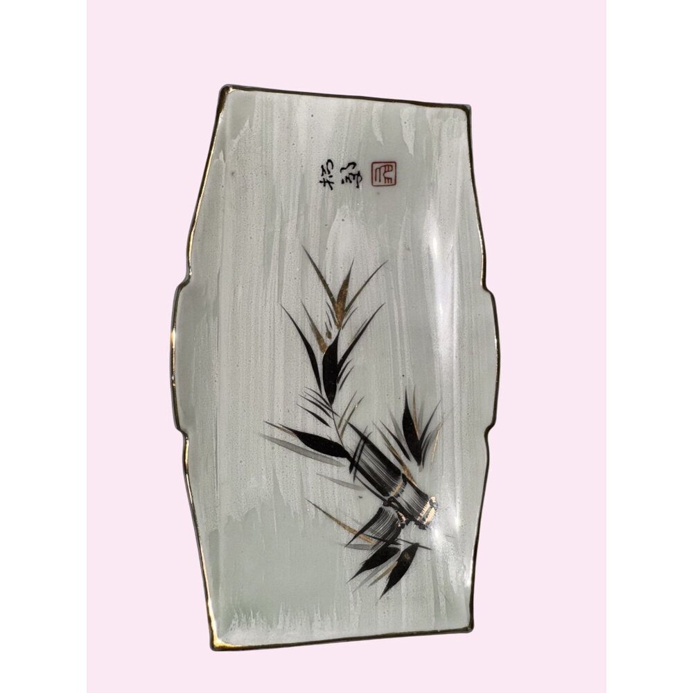 Japanese Ceramic Rectangular Plate With Bamboo Design & Gold Trim - 8.5" Long -